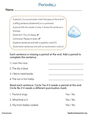 Periods Worksheet for Second Grade