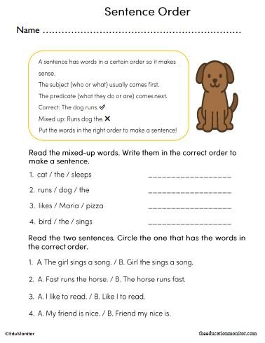 Sentence Order Worksheet for Second Grade