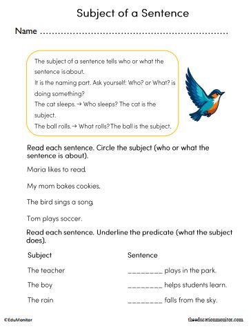 Subjects of Sentences Worksheet for 2nd Grade