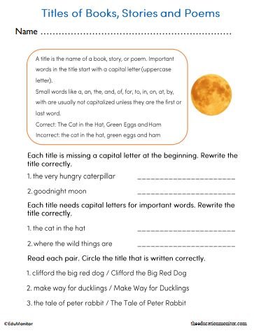 Titles of Books, Stories and Poems Worksheet for Grade 2