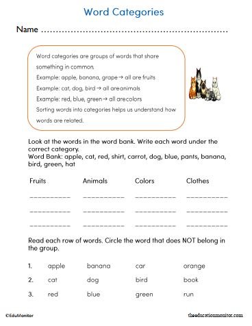 2nd Grade Word Categories Worksheet