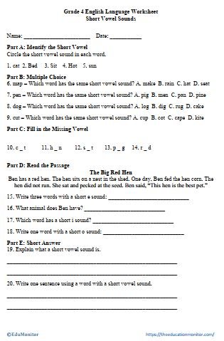 Grade 4 Short Vowel Sounds Worksheet