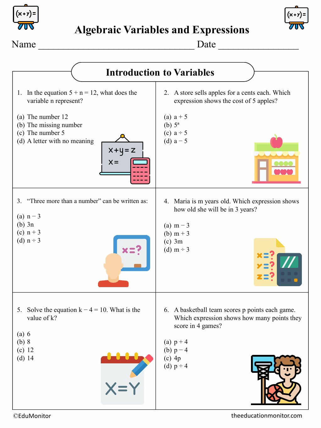 Introduction to Variables Fifth Grade Math Worksheet