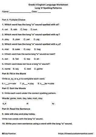 4th Grade Long ‘A’ Spelling Patterns Worksheet