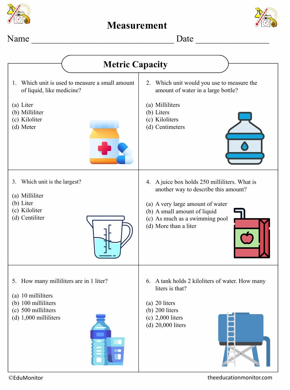 Metric Capacity Fifth Grade Math Worksheet