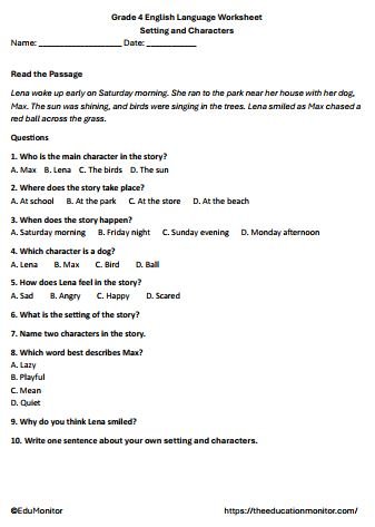 Setting and Characters Worksheet for Grade 4