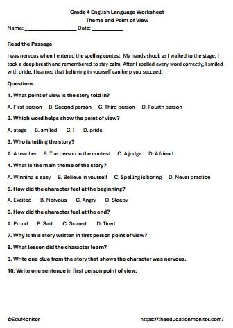 Theme and Point of View Worksheet for 4th Grade