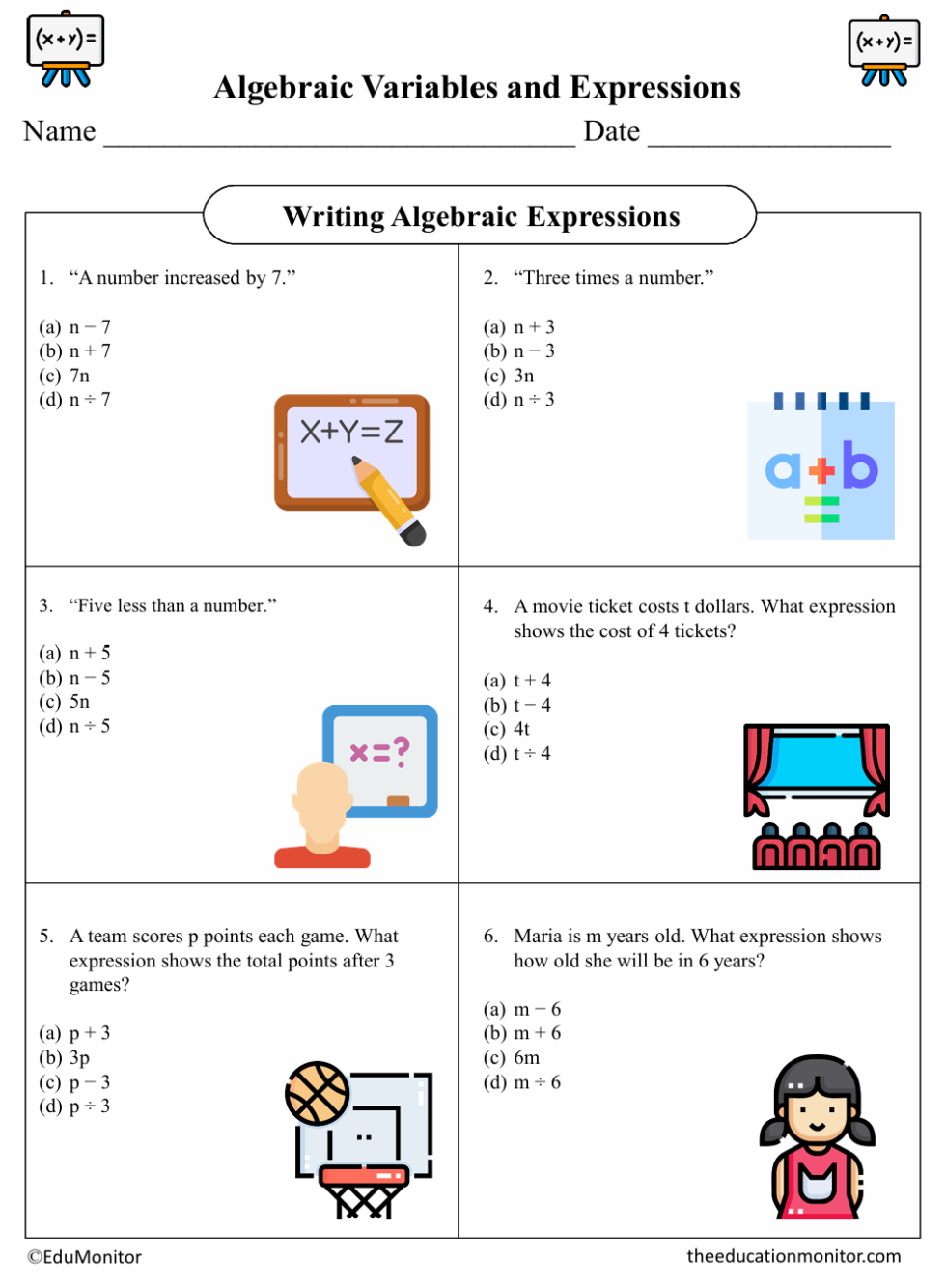 Writing Algebraic Expressions Fifth Grade Math Worksheet - EduMonitor ...