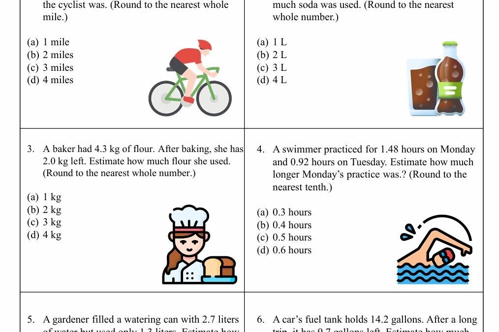 Estimation of Decimal Differences Fifth Grade Math Worksheet
