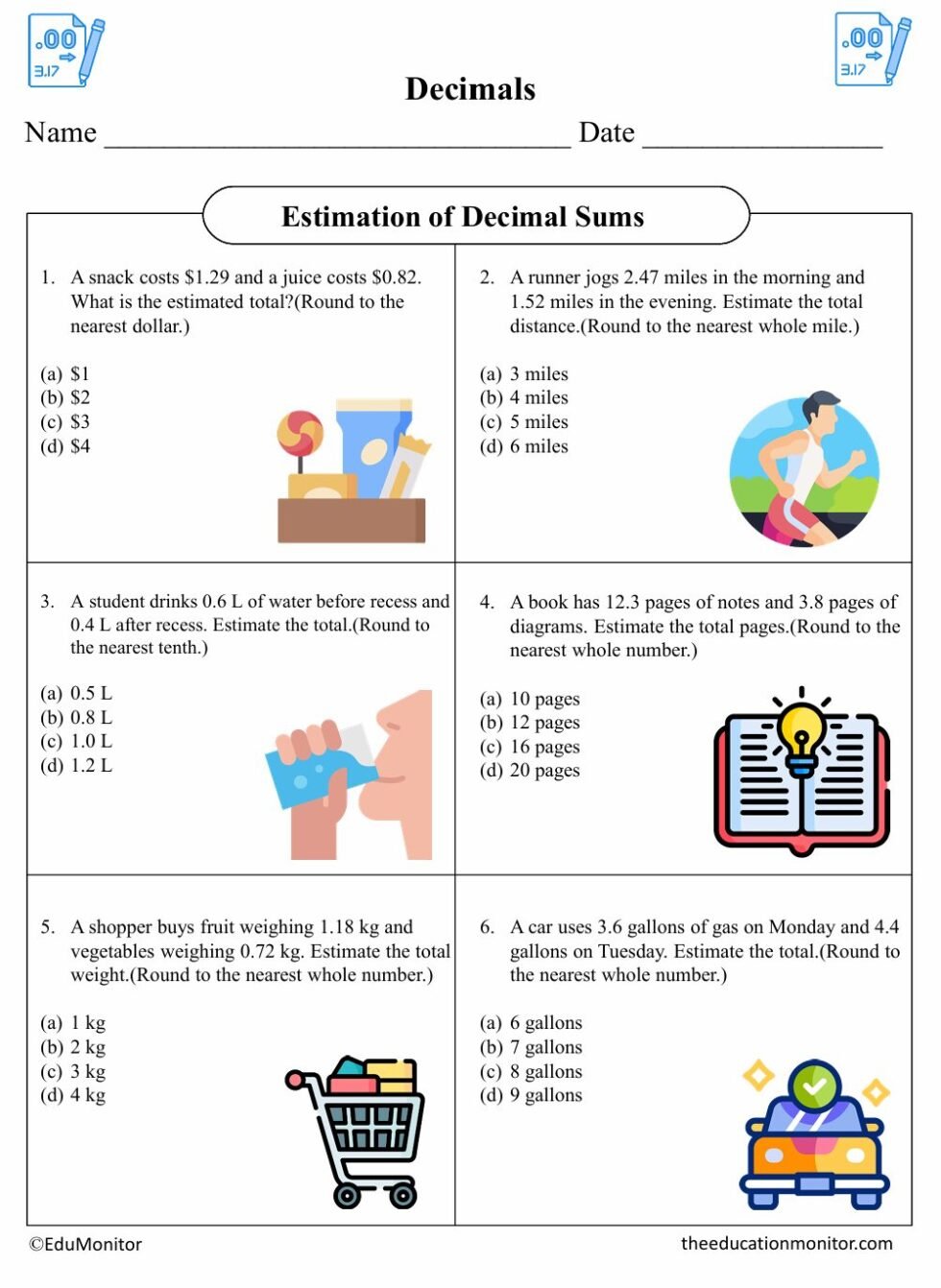Estimation of Decimal Sums Fifth Grade Math Worksheet - EduMonitor ...