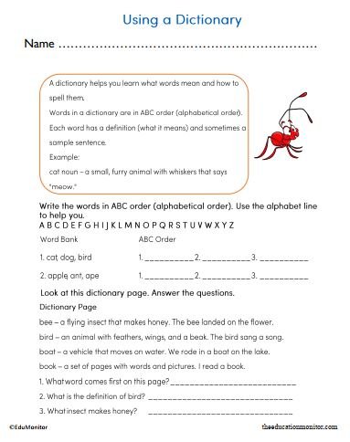 Second Grade Using a Dictionary Worksheet