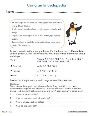 Using an Encyclopedia Reading and Writing Worksheet for 2nd Grade