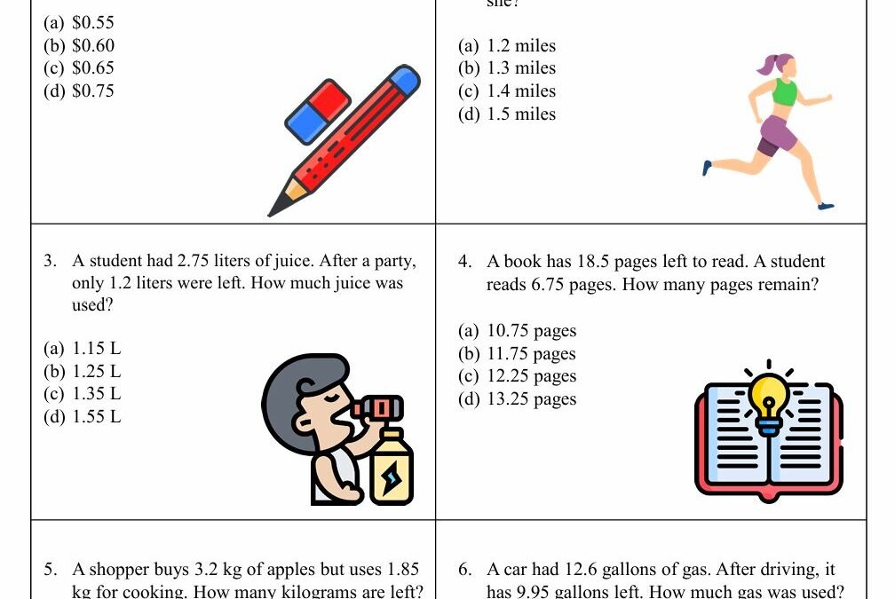 Subtraction of Decimals Fifth Grade Math Worksheet