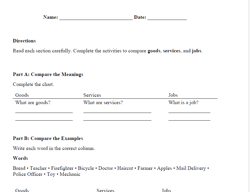 Goods, services, and jobs: Grade 3 Social Studies