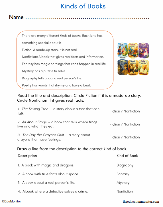 Grade 2 Kinds of Books Worksheet_EduMonitor Kinds of Books Worksheet for Second Grade