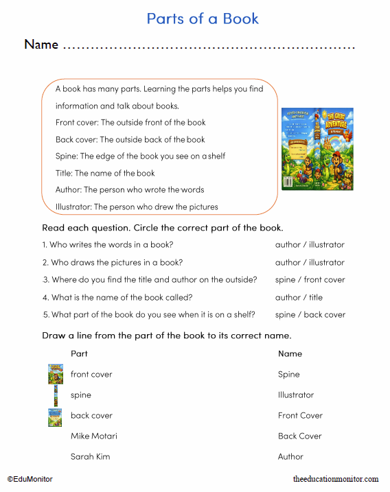Grade 2 Parts of a Book Worksheet_EduMonitor Grade 2 Parts of a Book Worksheet