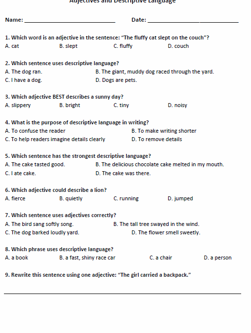 4th Grade Adjectives and Descriptive Language worksheet