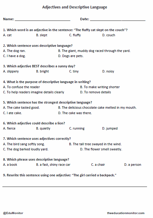 Grade 4 Adjectives and Descriptive Lang worksheet_ EduMonitor 4th Grade Adjectives and Descriptive Language worksheet