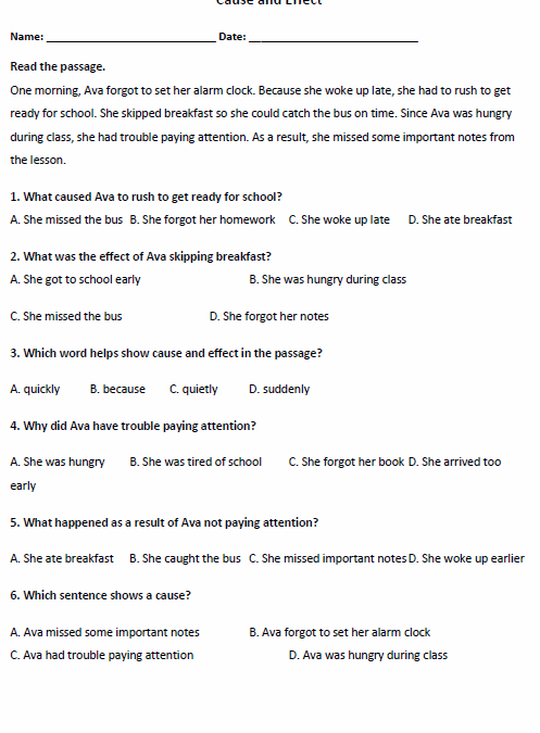 Fourth Grade Cause and Effect worksheet