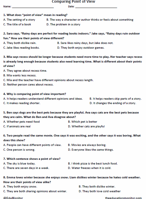 Comparing Point of View Worksheet for Fourth Grade