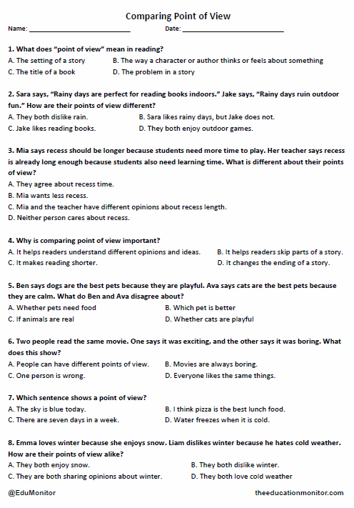 Grade 4 Comparing point of view_ EduMonitor Comparing Point of View Worksheet for Fourth Grade
