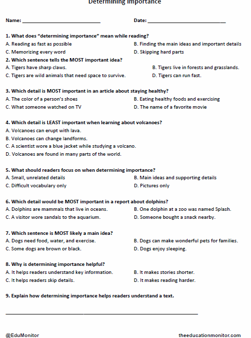 Grade 4 Determining Importance worksheet