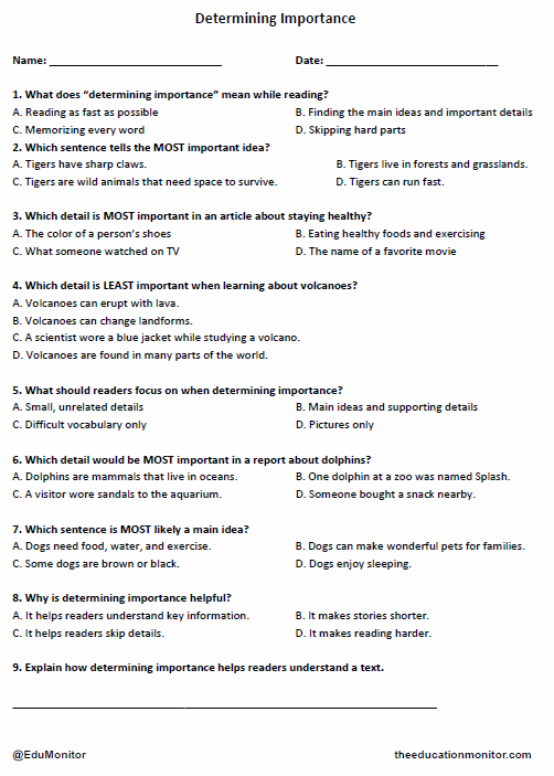 Grade 4 Determining Importance worksheet_ EduMonitor Grade 4 Determining Importance worksheet