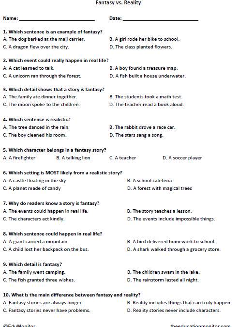 4th Grade Fantasy vs. Reality worksheet