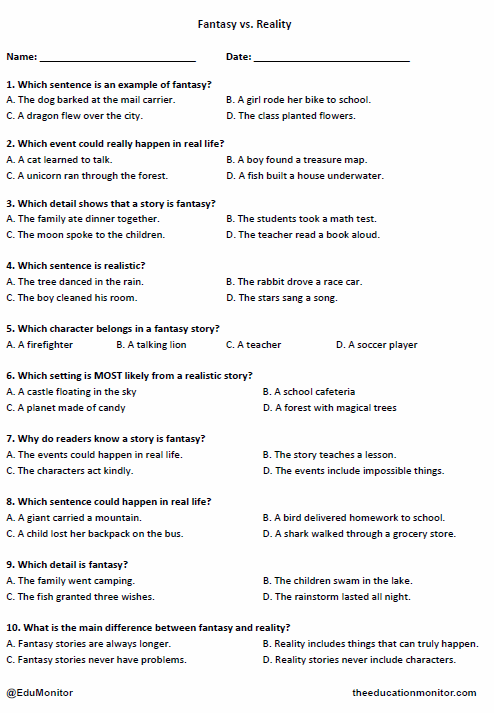 Grade 4 Fantasy vs. Reality worksheet_ EduMonitor 4th Grade Fantasy vs. Reality worksheet
