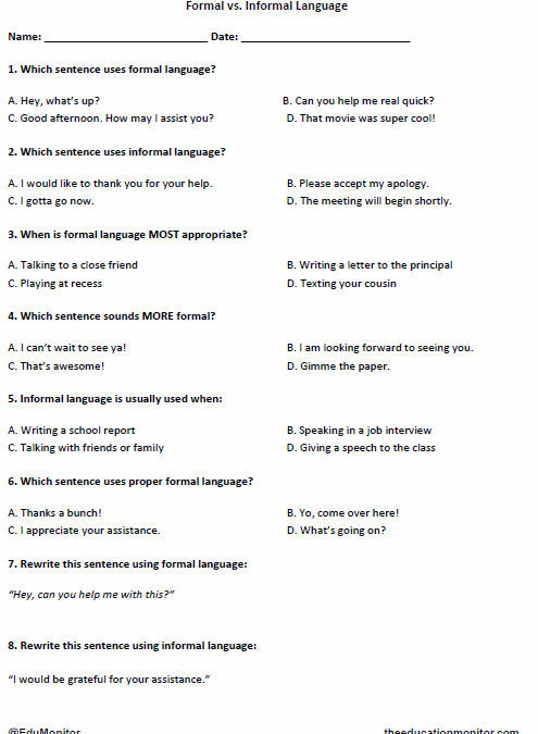 Grade 4 Formal vs. Informal Language Worksheet