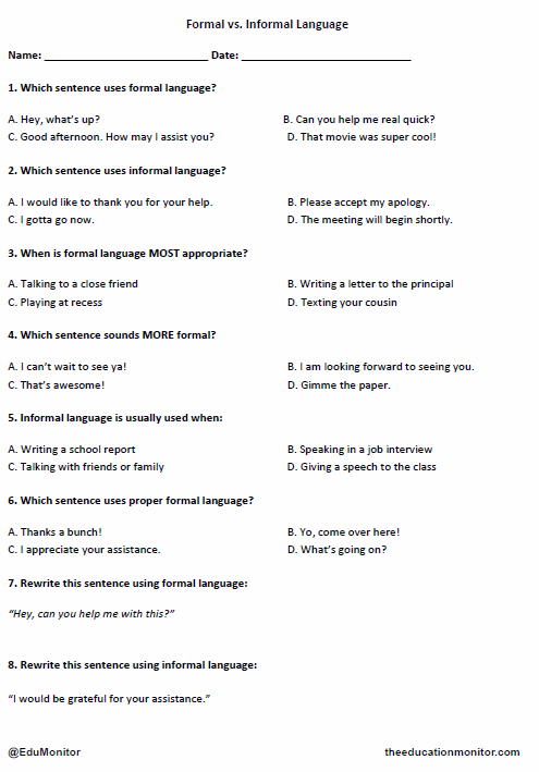 Grade 4 Formal vs. Informal Lang_ EduMonitor Grade 4 Formal vs. Informal Language Worksheet