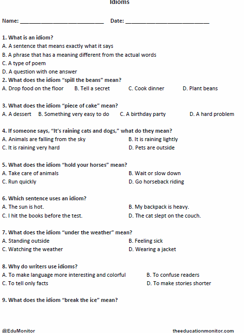 4th Grade Idioms Worksheet