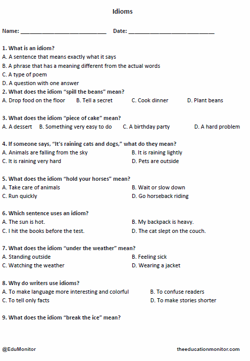 Grade 4 Idioms worksheet_ EduMonitor 4th Grade Idioms Worksheet