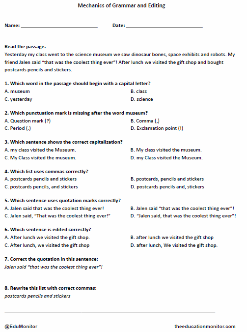 Mechanics of Grammar and Editing Worksheet for Grade 4