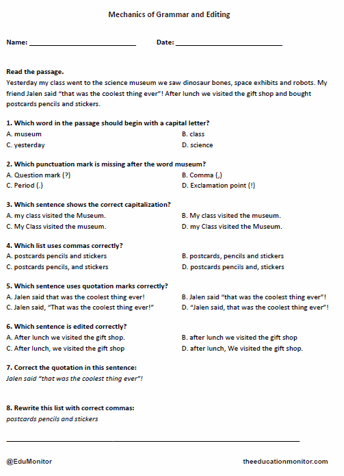 Grade 4 Mechanics of Grammar and Editing worksheet_ EduMonitor Mechanics of Grammar and Editing Worksheet for Grade 4