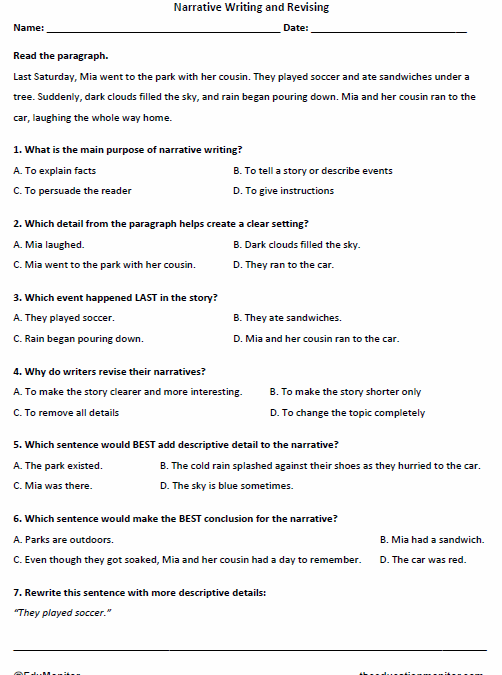 Grade 4 Narrative Writing and Revising Worksheet