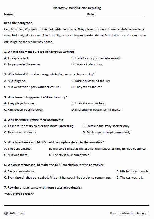 Grade 4 Narrative Writing and Revising worksheet_ EduMonitor Grade 4 Narrative Writing and Revising Worksheet