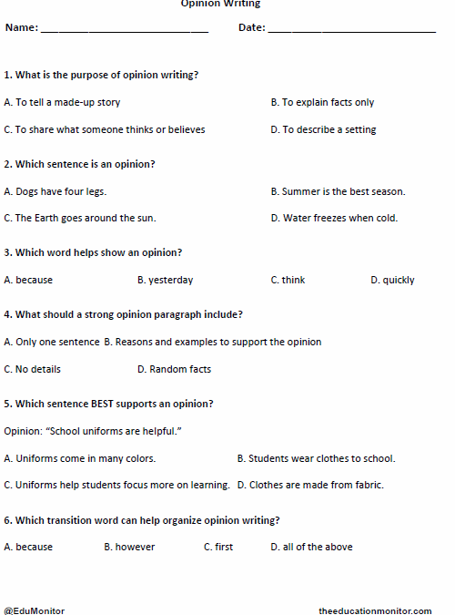 Opinion Writing Worksheet for Grade 4