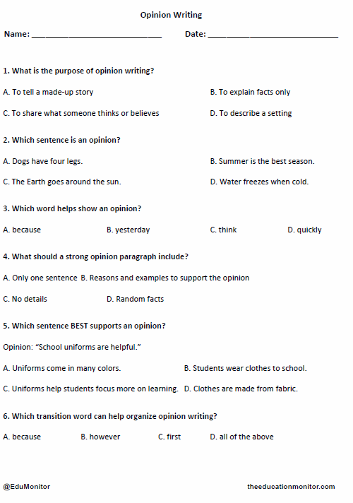Grade 4 Opinion Writing worksheet_ EduMonitor Opinion Writing Worksheet for Grade 4
