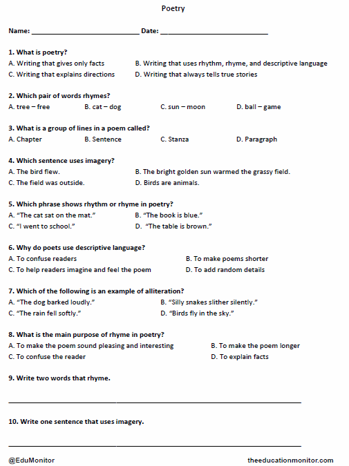 4th Grade Poetry English Language Arts Worksheet