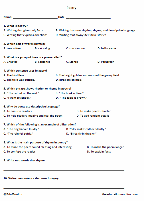 4th Grade Poetry English Language Arts Worksheet