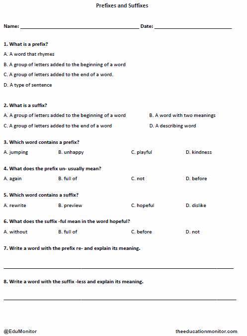 Prefixes and Suffixes Worksheet for Grade 4