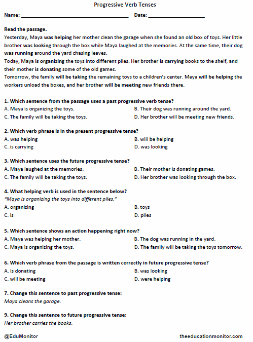 Progressive Verb Tenses Printable for 4th Grade