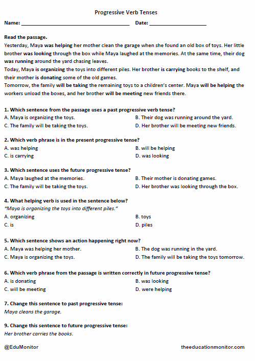 Grade 4 Progressive Verb Tenses Worksheet _ EduMonitor Progressive Verb Tenses Printable for 4th Grade