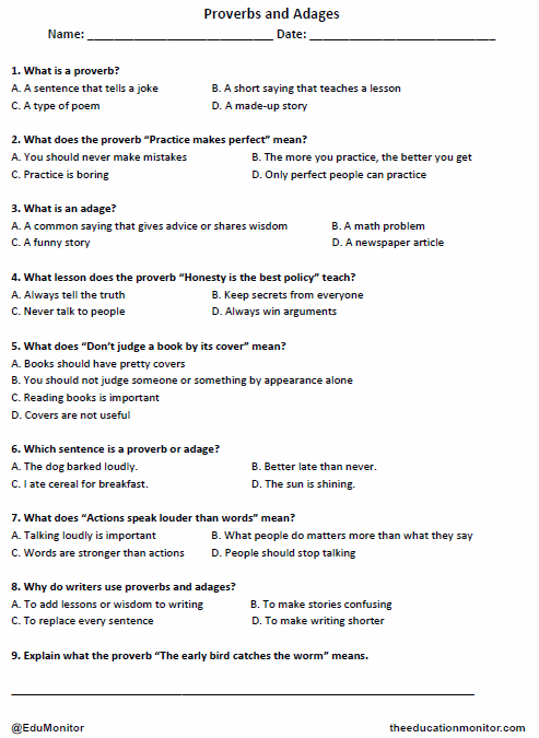 Proverbs and Adages Printable Worksheet for Grade 4