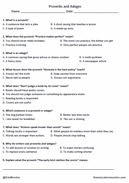 Grade 4 Proverbs and Adages Worksheet_ EduMonitor Proverbs and Adages Printable Worksheet for Grade 4