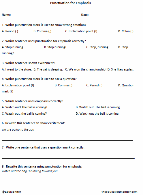 Punctuation for Emphasis Printable for Fourth Grade