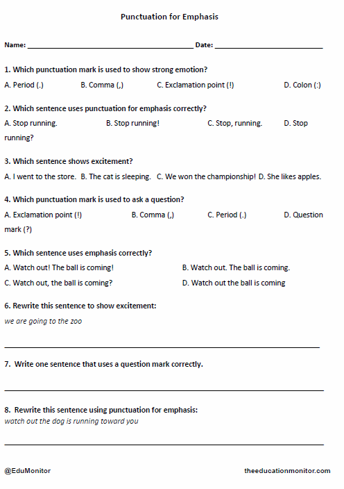 Grade 4 Punctuation for Emphasis worksheet _ EduMonitor Punctuation for Emphasis Printable for Fourth Grade
