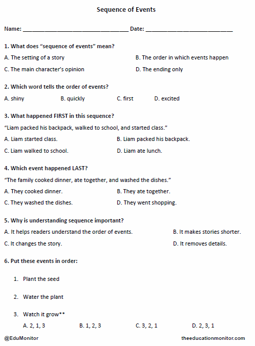 Sequence of Events Printable Worksheet for 4th Grade