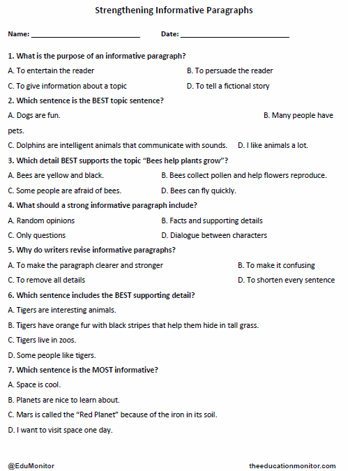 4th Grade Strengthening Informative Paragraphs Worksheet